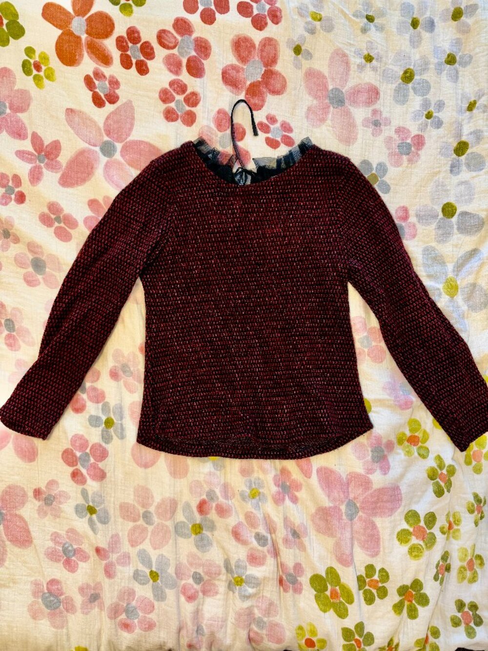 Italian Red patterned sweater with tulle ruffle neck detail